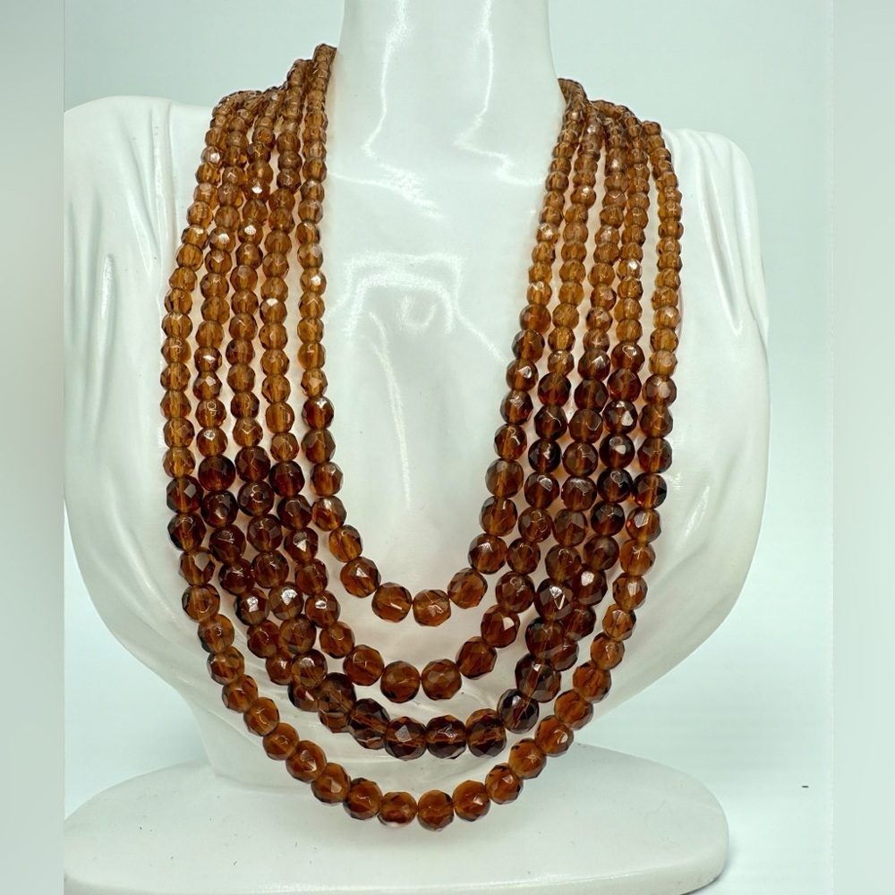 Vintage 5-Strand Amber Faceted Glass Bead Necklace Rhinestone Clasp 16”–20” 1950